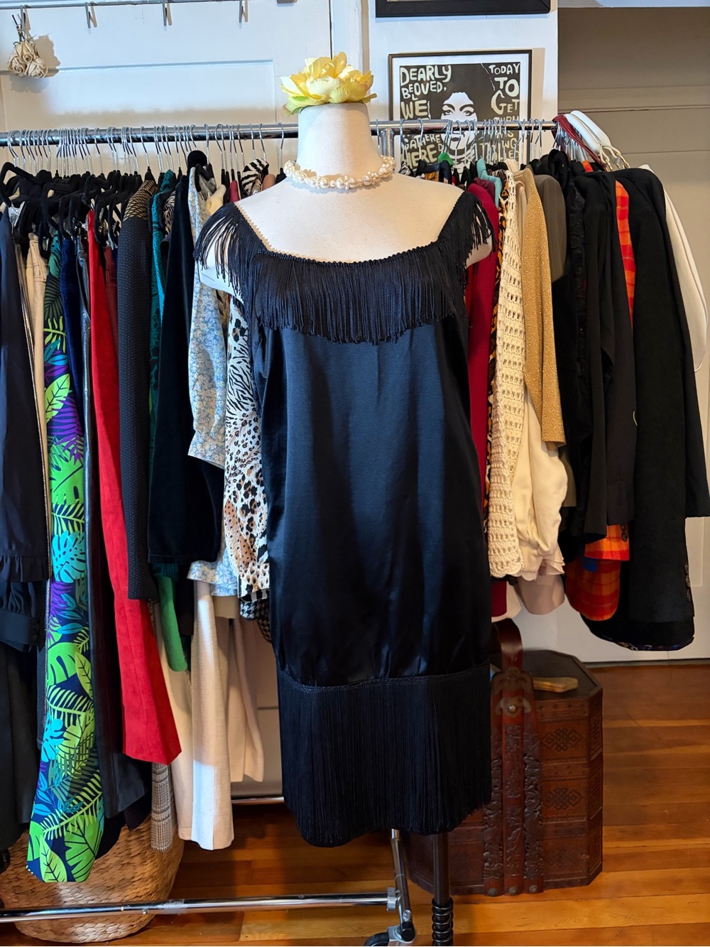 Vintage Black Satin Fringe Flapper Cocktail Dress Drop Waist